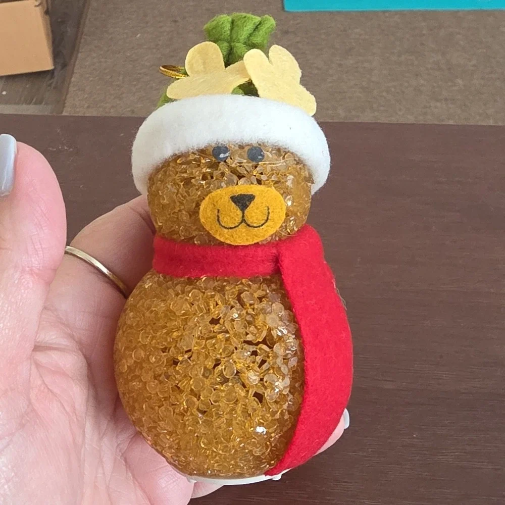 Lighted Bear Christmas Ornament with Red Scarf and Santa Hat, Brown Plastic Felt